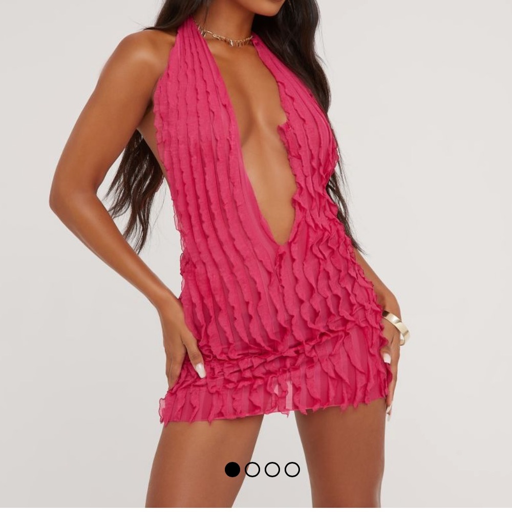 Halter neck plunge sheered detail, mini bodycon dress in Pink.
